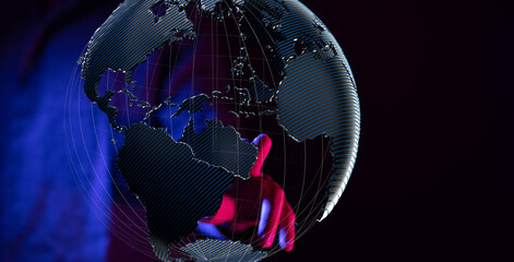 Abstract image of a hand interacting with a digital globe, symbolizing global connectivity and...