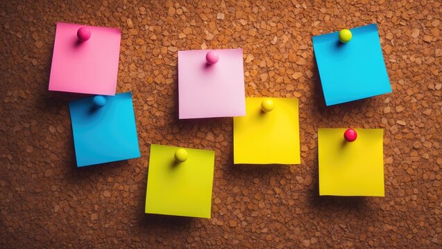 Brown and yellow color of cork board. A collection of empty colorful notes on the cork background. Five sticky notes in different colors with pushpins on the cork board with space for text.