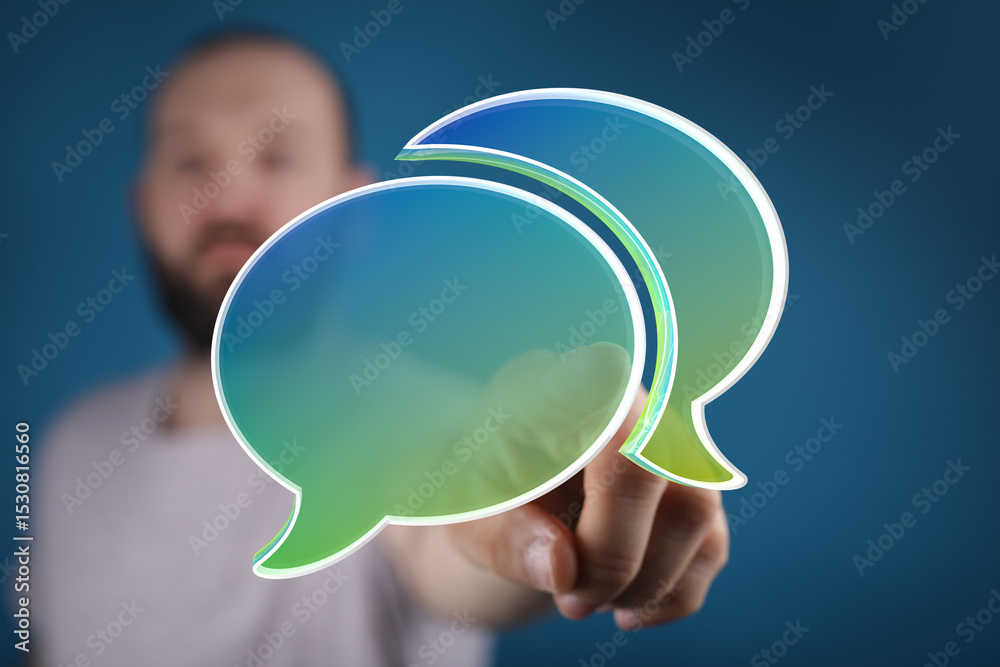 Poster Abstract image of a man interacting with digital speech bubbles, symbolizing communication and dialogue.