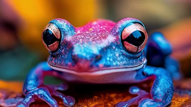 A colorful frog sat on a leaf, its bright skin shining in shades of blue, green, and yellow.
