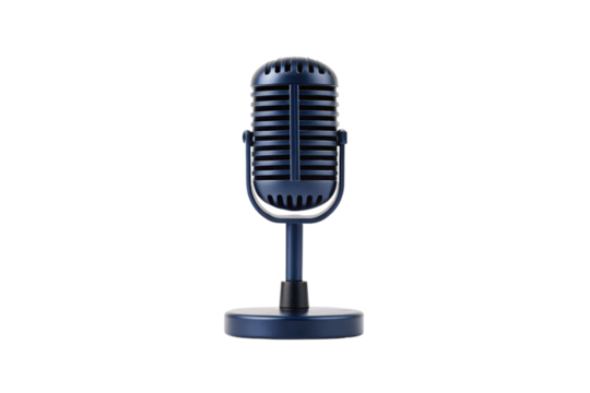 Retro style microphone in dark blue finish with horizontal slats and round stand for audio recording, isolated on a transparent background