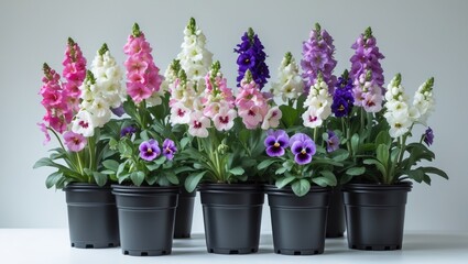 Annual bedding plants directly from the greenhouse nursery. Snapdragons and pansies set against a white background.