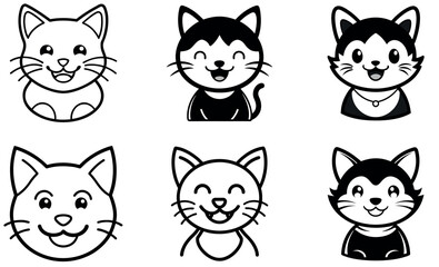 Cute Cartoon Cat Faces in Black and White