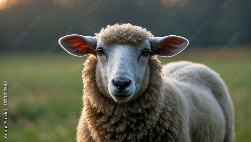 Canvas Prints a white sheep with a fluffy coat is standing in a field with its head raised.