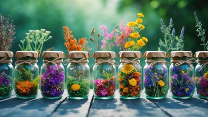 Fototapeta premium Variety of glass jars containing dried flowers and herbal tea leaves.