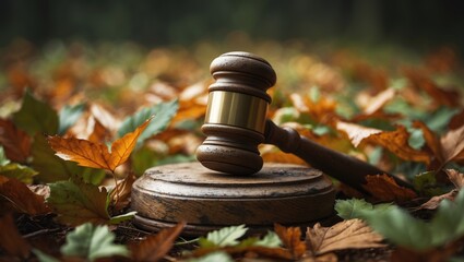 A close-up image of a gavel resting on a bed of leaves.