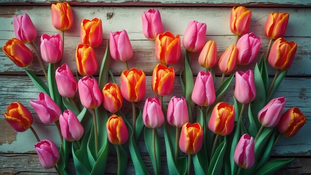 Background featuring tulip flowers with designated space for copyspace text. Red, orange, and purple tulips on a gray background.