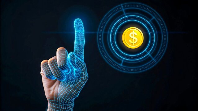 Digital wireframe hand touching glowing dollar symbol in futuristic financial interface
