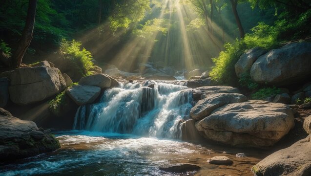 A peaceful river running over rocks within a tropical forest, encircled by abundant greenery and sunlight shining through the trees.