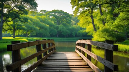 Obraz premium A wooden bridge extending across the pond, with a grove of green trees visible in the background.