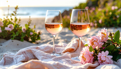 Two elegant glasses of rosé wine rest on a soft fabric among blooming pink flowers on a sandy beach, capturing a romantic seaside sunset moment.