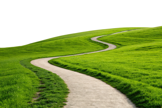 S-shaped dirt trail winding through bright green rolling countryside with smooth curved landscape contours, isolated on a transparent background