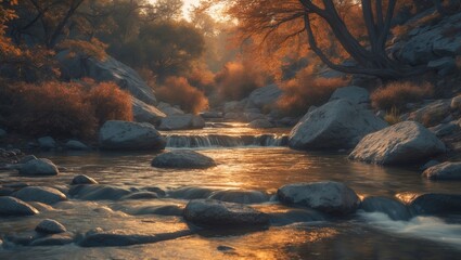 A peaceful stream passing over rocks within a natural landscape, with sunlight brightening the background.