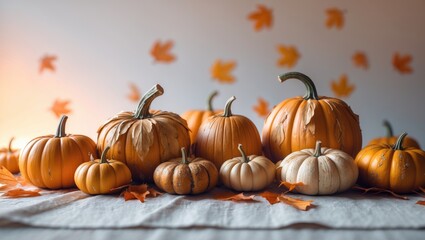 Fall preparations on a white and orange backdrop featuring pumpkins covered with dried leaves. Autumn-themed fall and Thanksgiving still images, vertical anime-style depiction.