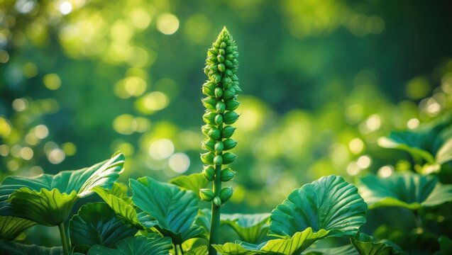 Fototapeta A vibrant flowering spinach plant with lush green leaves and gentle blossoms, ideal for nature themes.
