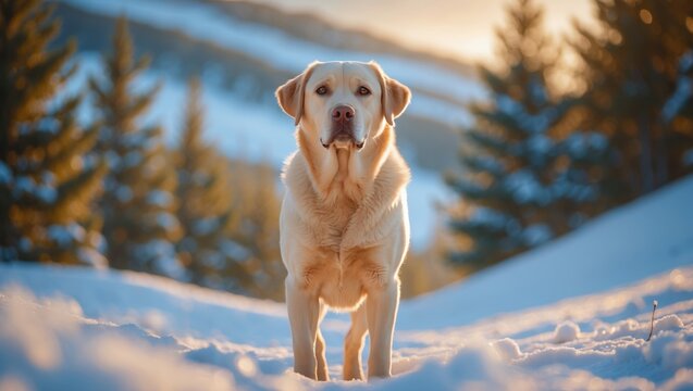 A labrador dog might be observed standing in the snow.