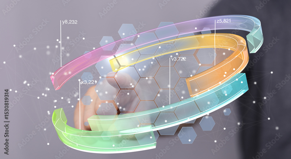 Poster Stock photo of hand interacting with 3D data visualization showing growth and progress.