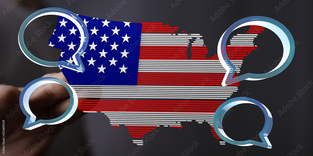 Aufkleber Image of a US map overlaid with speech bubbles, symbolizing communication and dialogue within the United States.