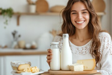 Young woman holding fresh dairy products, promoting healthy eating habits