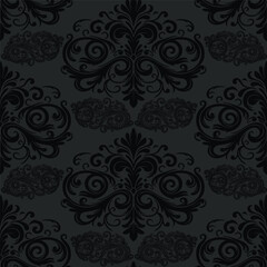 Classic charcoal baroque damask seamless pattern. A luxurious and ornate dark floral design for traditional wallpaper, upholstery, and formal invitations.