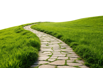 Cobblestone walkway with weathered stone blocks winding upward through vibrant green grassy hills and meadows, isolated on a transparent background