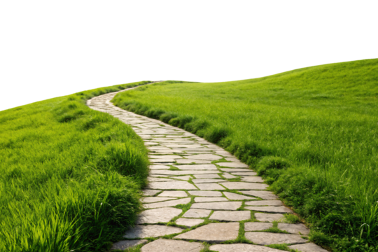 Cobblestone walkway with weathered stone blocks winding upward through vibrant green grassy hills and meadows, isolated on a transparent background