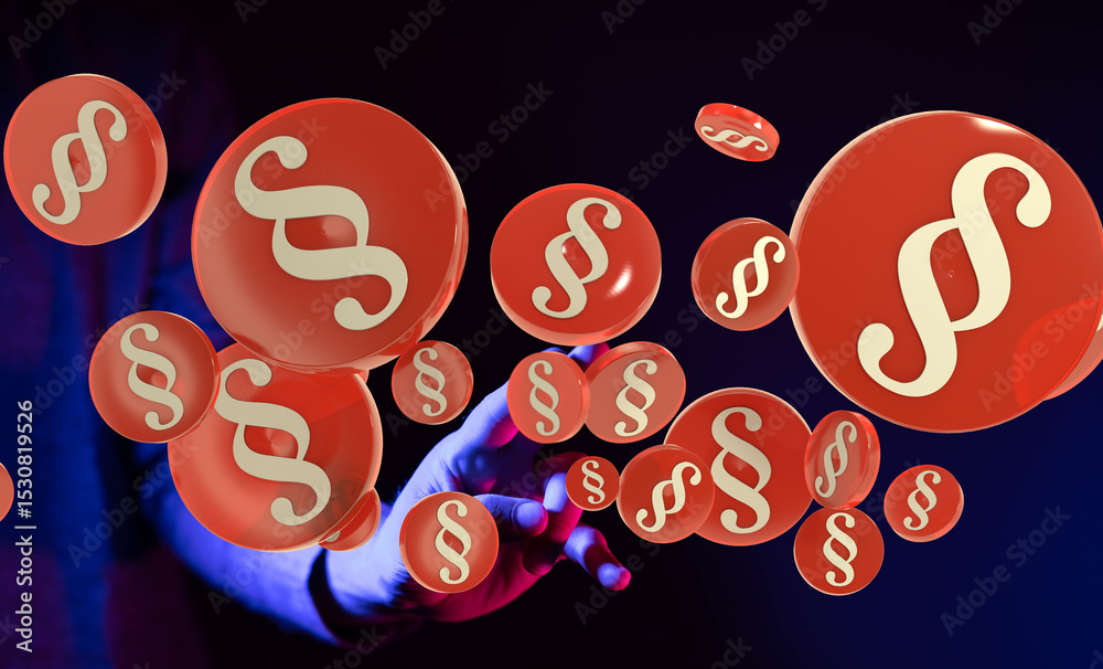 Poster 3d rendered image of paragraph symbols floating around a hand, ideal for legal concepts.
