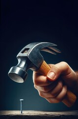 male hand holding a hammer and hitting a nail