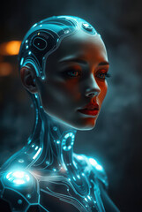 a cybernetic female humanoid with digital connections and neural implants