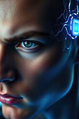 a cybernetic male humanoid with digital connections and neural implants