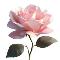 Delicate pink rose blooming with green leaves on a black background floral illustration