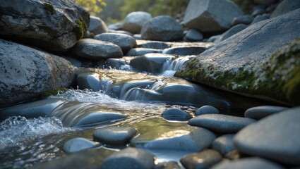 A soft stone stream featuring rocks and flowing water.