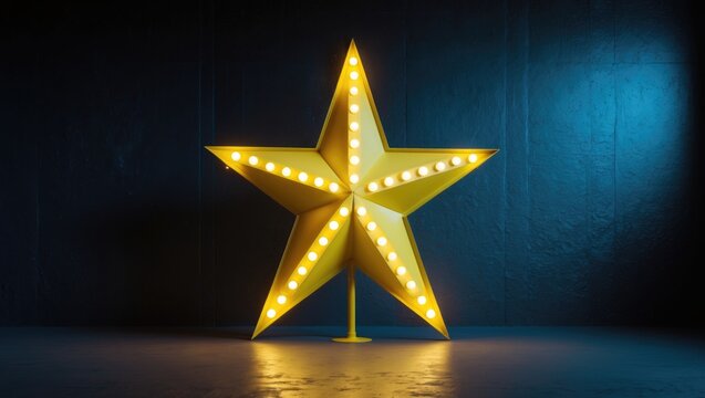 A large wooden star illuminated with numerous lights. Elegant decor, design. The loft-style studio setting. Dark concrete backdrop. Christmas star