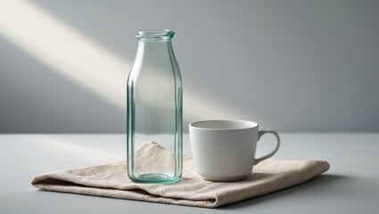 A bottle and glass of milk displayed on a white background.