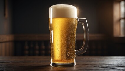 A glass of India Pale Ale, unfiltered hazy juicy draft beer served on a wooden surface with a black background