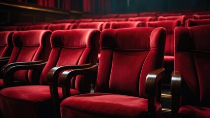 Obraz premium A low oblique perspective of the rows of red velvet seats in a renovated vaudeville theater.