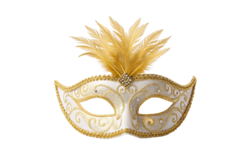 Sophisticated golden carnival mask featuring ornate scrollwork, pearls, and dramatic feather plume decoration, isolated on a transparent background