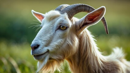 Fototapeta premium A goat with horns and a beard is positioned in a grassy field, displaying a curious expression on its face.