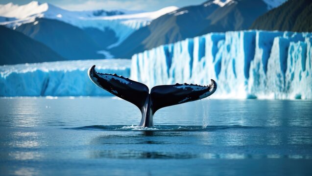 A large glacier melts into the sea as a Humpback whale surfaces prominently in the foreground.