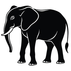 Silhouette illustration shows a standing African elephant with its trunk down and tusks