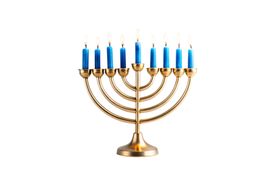 Traditional brass Hanukkah menorah with nine lit blue candles burning brightly on golden branches, isolated on a transparent background