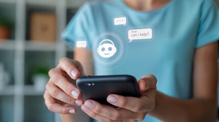 Digital Assistant at your Fingertips: A close-up view showcasing a person's hands holding a smartphone. The scene highlights an interaction with a digital assistant, symbolized by speech bubbles.
