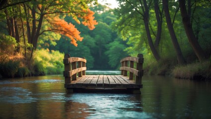 A small wooden bridge crossing a river in a forested area.