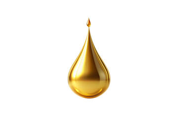 Large golden oil drop with pointed tip and bulbous bottom creating perfect liquid droplet form, isolated on a transparent background