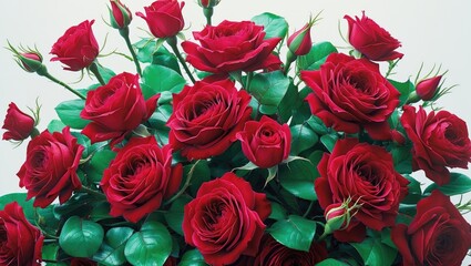 A close-up of a straight branch from a rosehip bush featuring red flower buds highlighted against a white background.