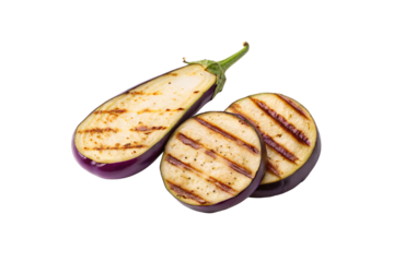 Grilled eggplant slices with distinctive crosshatch grill marks showing perfectly cooked Mediterranean vegetable preparation technique, isolated on a transparent background