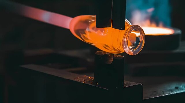 Molten glass transforming into precise bottle shape through advanced automated machinery, generating bright sparks during intense industrial glassblowing manufacturing process