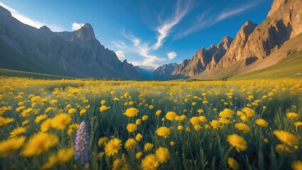 Obraz premium A horizontal snapshot shows a meadow with beautiful yellow flowers bordered by rugged mountains.