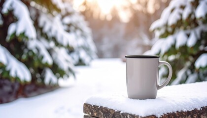 Warm beverage on stone bench winter trail photo snowy landscape soft focus travel inspiration