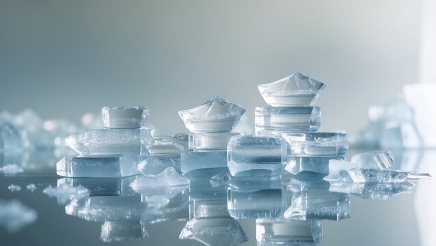 A collection of transparent crushed ice pieces arranged on a reflective surface.